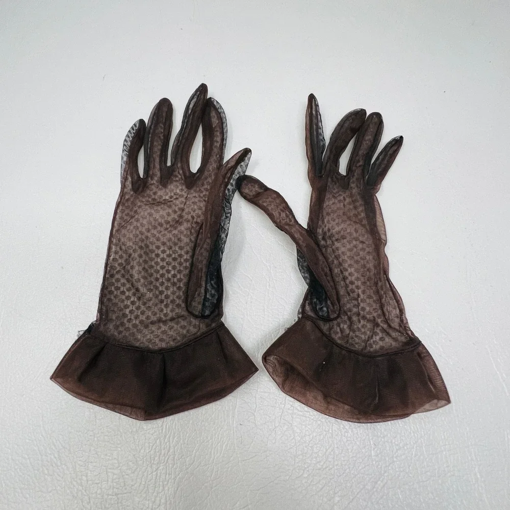 Vintage Womens Brown Sheer Mesh Polka Dot Ruffle Cuff Formal Dress Gloves